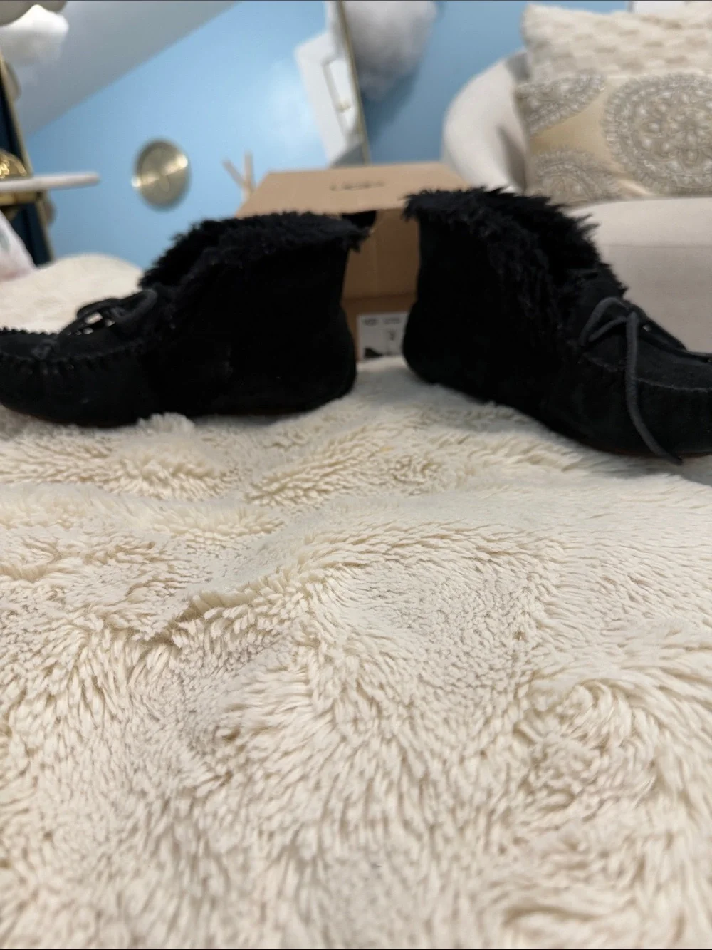 UGG Kids Black Suede Moccasin Slippers with Bow Accent